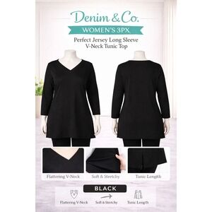 Denim & Co Womens 3X Perfect Jersey Long Sleeve V-Neck Tunic Top Black A202924